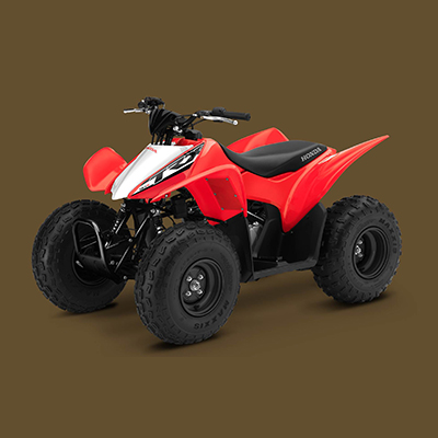 HONDA<sup>®</sup> TRX90X - Designed to be beginner-friendly but with enough performance to please more experienced riders, the TR90X ATV will begin your journey of off-road recreation. Air-cooled four-stroke engine, electric starting, manageable power and compliant suspension handles even the most demanding conditions. Includes 4-speed transmission with auto-clutch, independent A-arms front suspension and swingarm rear suspension. 8.3' turning radius and 17 gallon fuel capacity.